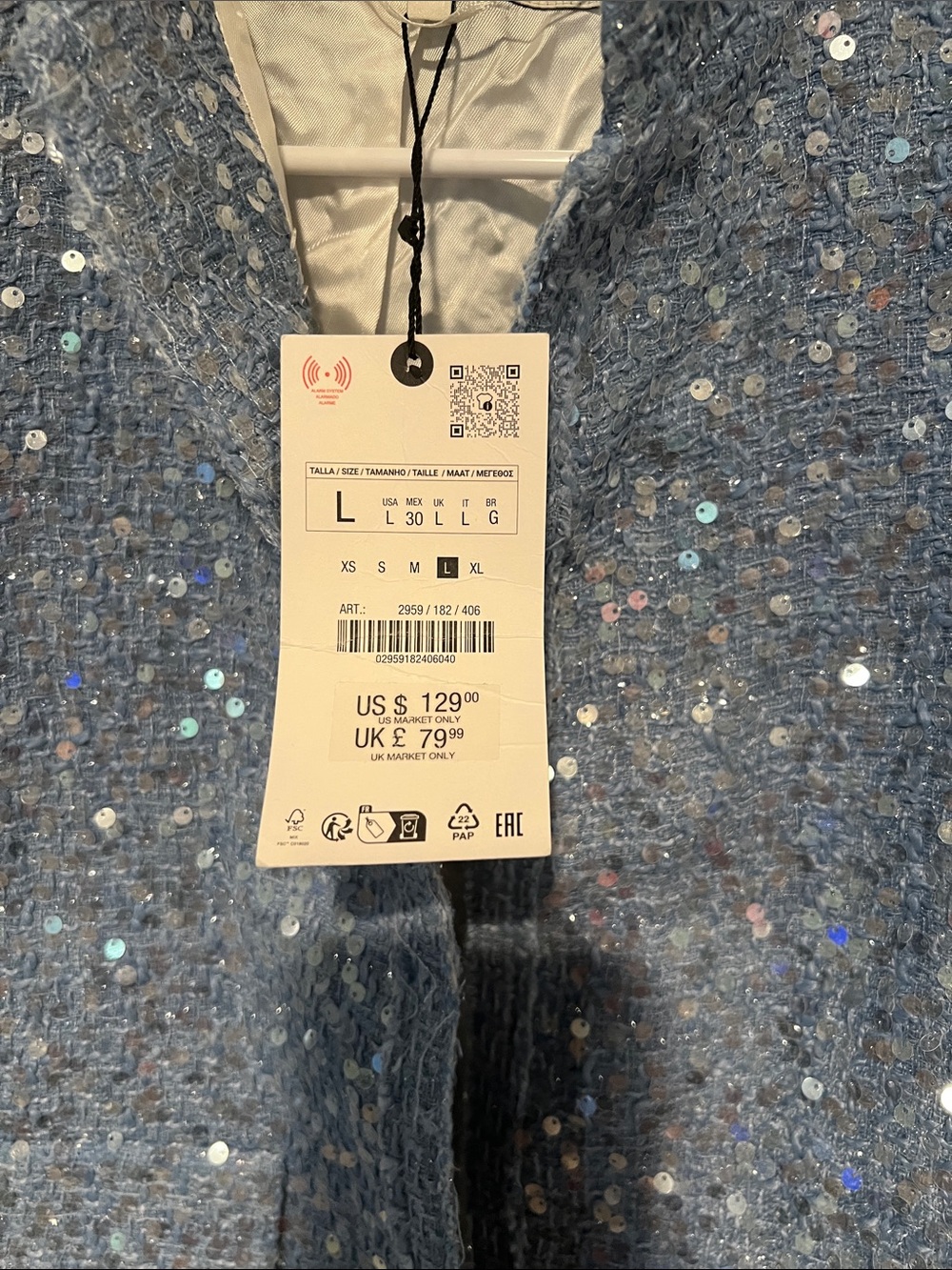ZARA Light Blue Sequin Tweed Cropped Blazer - Picture 2 of 6